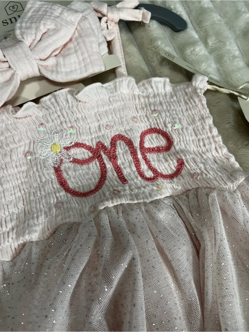 Snug Baby Girls Pink 'One' Tulle One-Piece with Bow Headband